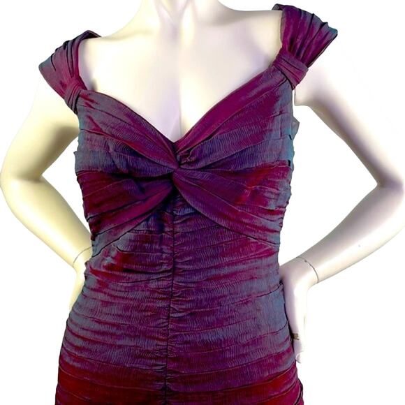 TADASHI Collection Wine & Teal Ruched Chiffon Cocktail Dress Off Shoulder Size 6 - Picture 3 of 16